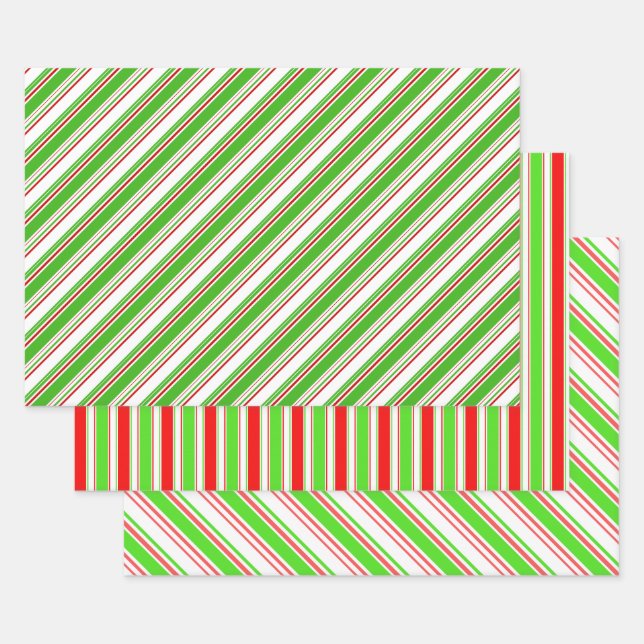 Fun Red, White, Green Christmas-Inspired Patterns Wrapping Paper Sheets (Set)