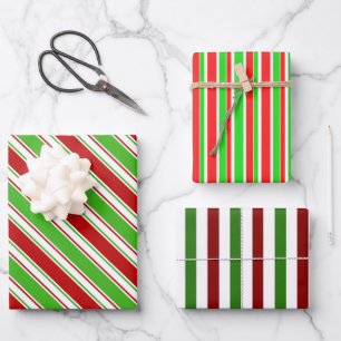 Fun Red, White, Green Christmas Inspired Stripes Wrapping Paper Sheets