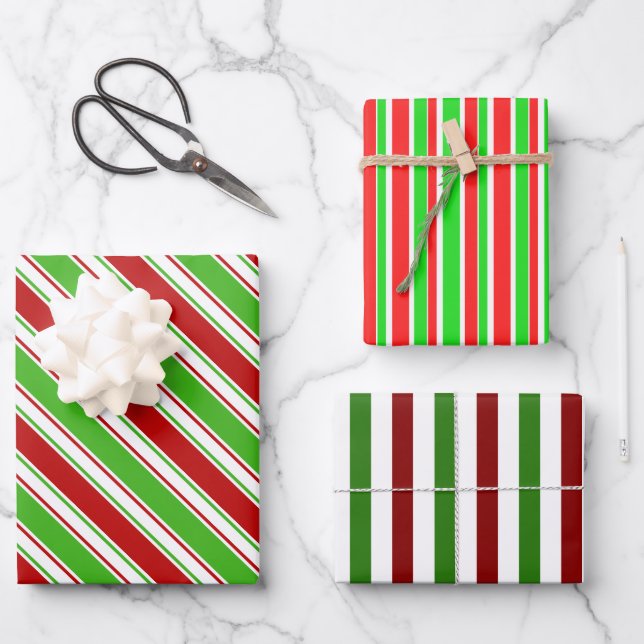 Fun Red, White, Green Christmas Inspired Stripes Wrapping Paper Sheets (Front)
