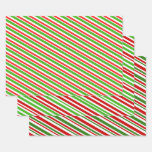 [ Thumbnail: Fun Red, White, Green Christmas Stripes Patterns Wrapping Paper Sheets ]