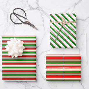Fun Red, White, Green Christmas-Themed Lines Wrapping Paper Sheets
