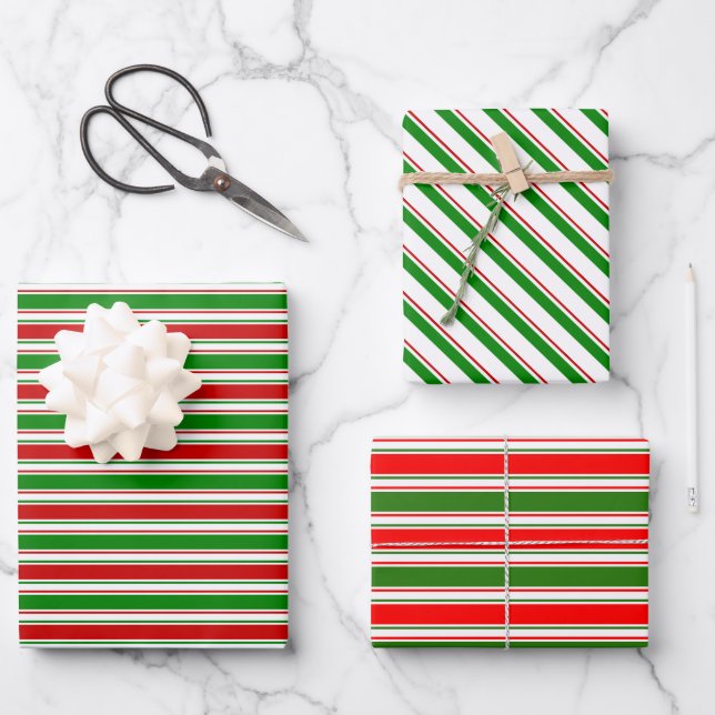 Fun Red, White, Green Christmas-Themed Lines Wrapping Paper Sheets (Front)