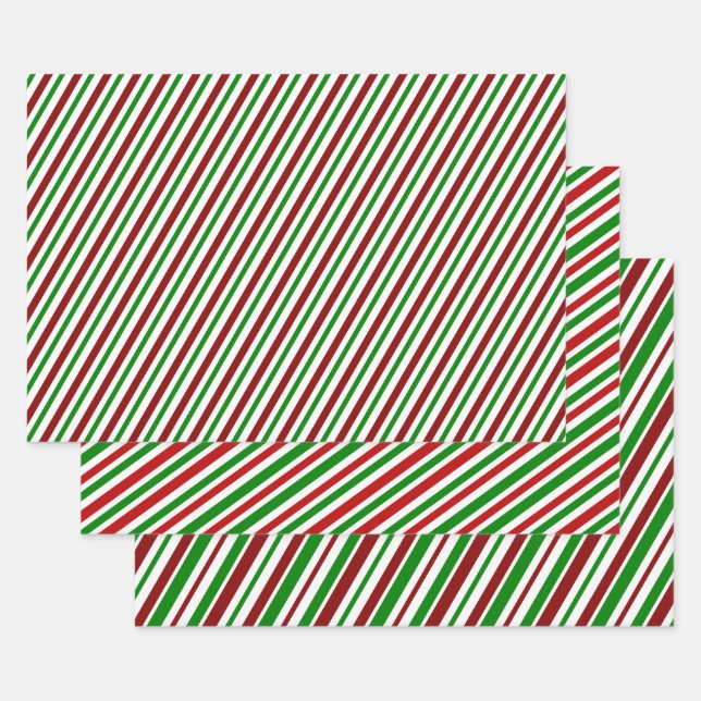 Fun Red, White, Green Christmas-Themed Striped Wrapping Paper Sheets (Set)