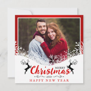 Fun Red & White SnowFlakes Husband and Wife Photo Holiday Card