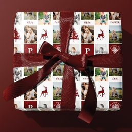 Fun Red Woodland Custom Photo Collage Monogram Wrapping Paper