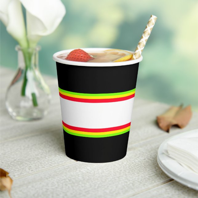 Fun Red Yellow Lime White Racing Stripes On Black Paper Cups (Insitu)