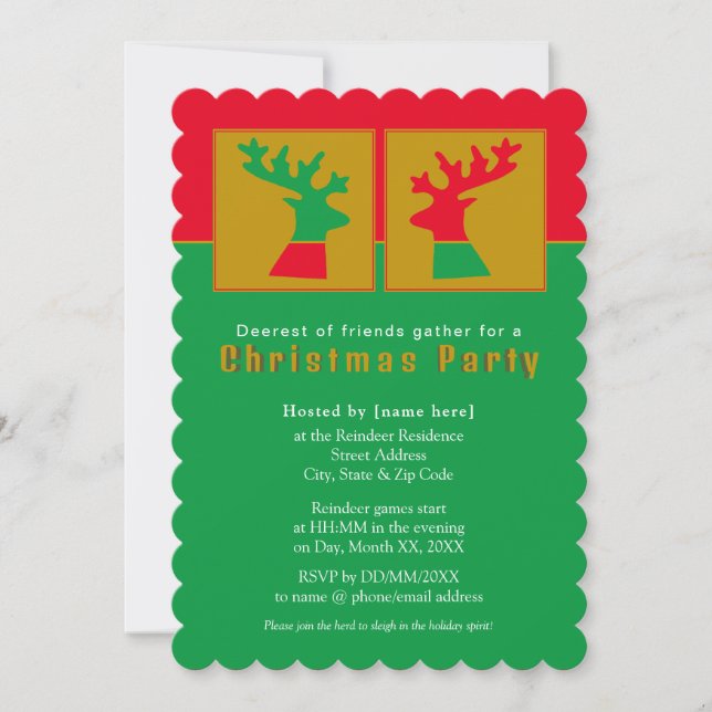 Fun Reindeer Red Green Gold Holiday Party Template (Front)