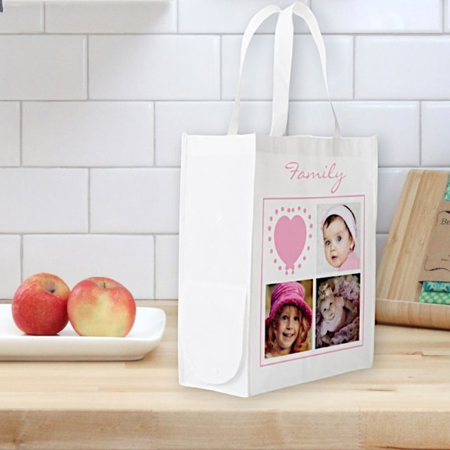 Fun Replaceable Family or Pet Photos Personalized Grocery Bag (side view with pocket on side reusable grocery tote)