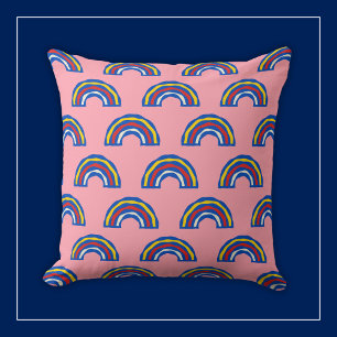 Fun Retro 80s Primary Color Rainbows on Cute Pink  Throw Pillow