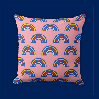 Fun Retro 80s Primary Color Rainbows on Cute Pink Throw Pillow