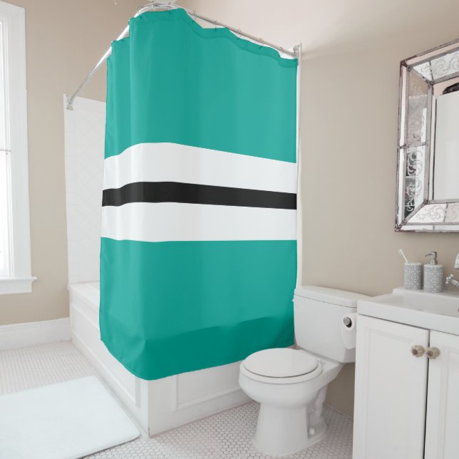 Fun Retro Aqua Black White Center Racing Stripes Shower Curtain (In Situ)