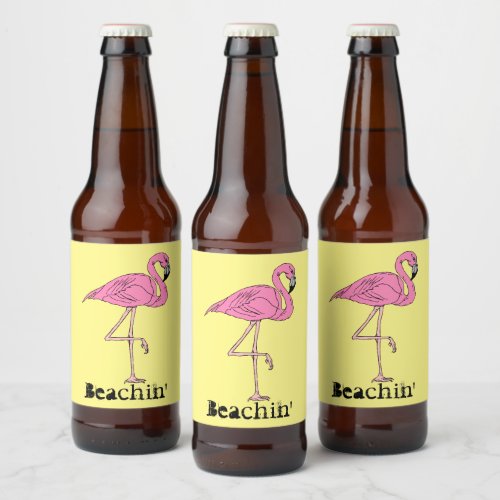 Fun Retro Beach Sunny Beachin pink flamingo Beer Bottle Label