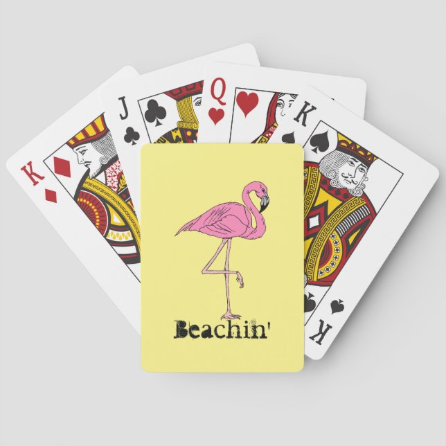 Fun Retro Beach Sunny Beachin' pink flamingo Poker Cards (Back)