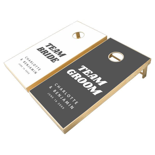Fun Retro Black White Bride Groom Wedding Custom Cornhole Set (Angled)