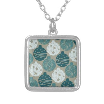 Fun Retro Blue Gray Christmas Ornaments Design Silver Plated Necklace by UniqueChristmasGifts at Zazzle