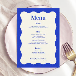 Fun Retro Blue Modern Wavy Wedding Menu Cards