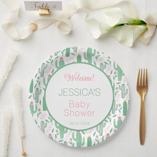 Fun Retro Cactus Succulent Floral Baby Shower Paper Plates (Wedding)