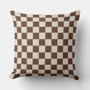 Fun Retro Checkerboard Pattern Brown Cream Throw Pillow