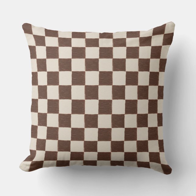 Fun Retro Checkerboard Pattern Brown Cream  Throw Pillow (Front)
