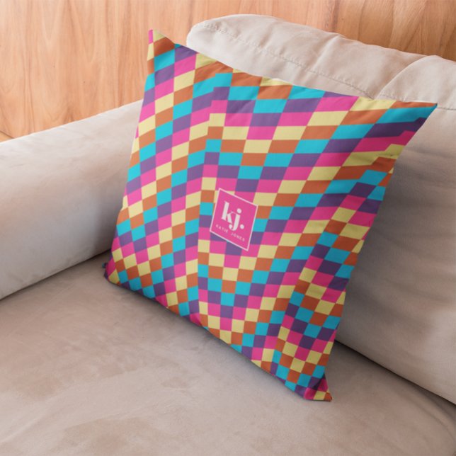 Fun Retro Checks | Stylish Monogram Throw Pillow (Creator Uploaded)