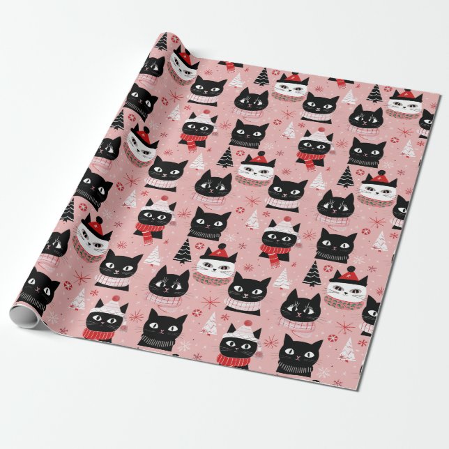 Fun Retro Christmas Cats on Pink Wrapping Paper (Unrolled)