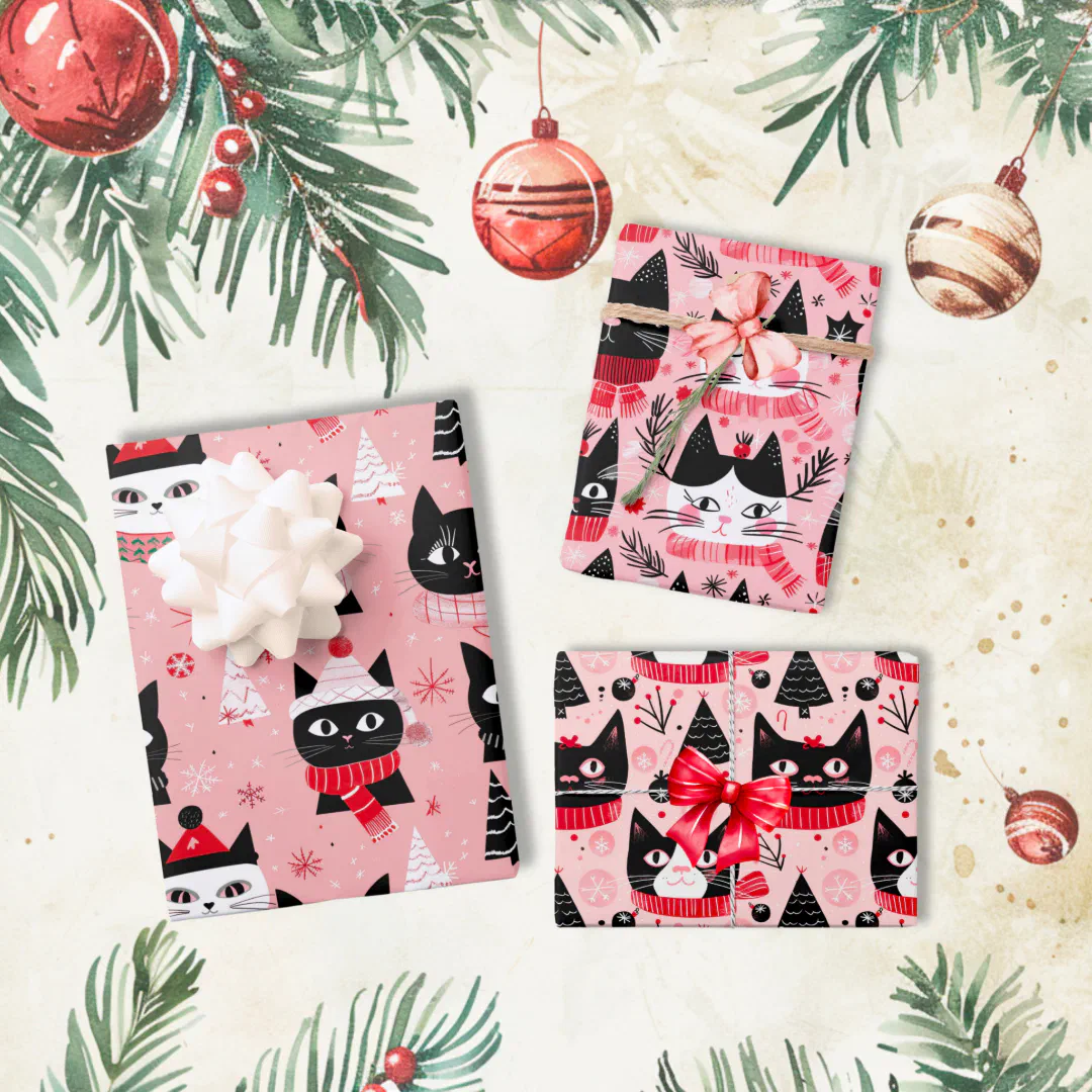 Fun Retro Christmas Cats on Pink Wrapping Paper Sheets
