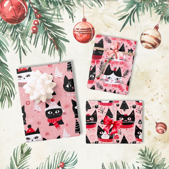 Fun Retro Christmas Cats on Pink Wrapping Paper Sheets (Fun Retro Christmas Cats on Pink wrapping paper sheets)