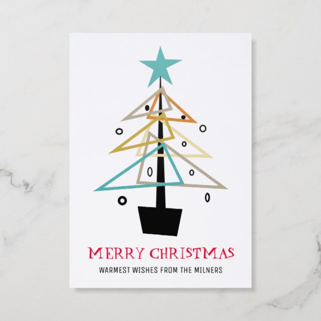 Fun Retro Christmas Tree Mid Century Modern Letterpress Photo Cards (Front)