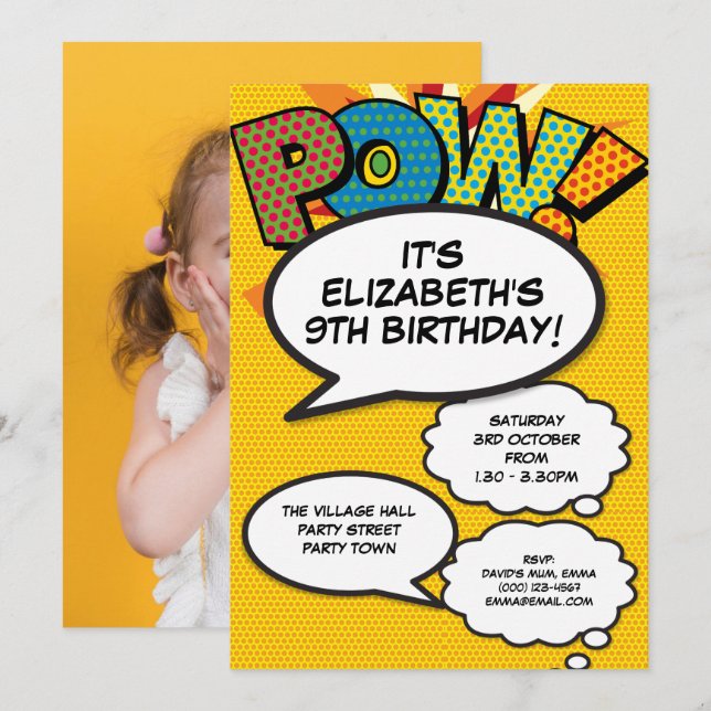Fun Retro Comic Book Photo Birthday Party Invitation (Front/Back)