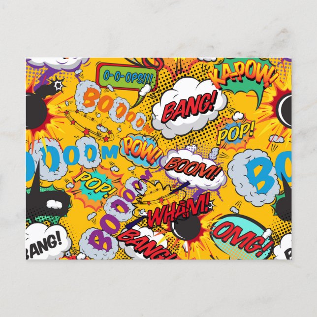 Fun Retro Comic Book Pop Art Explosions Announcement Postcard (Front)