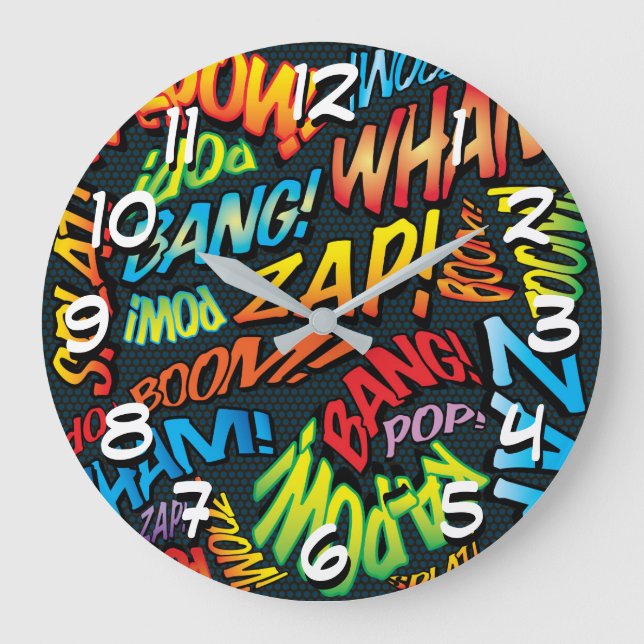 Fun Retro Comic Book Pop Art Sounds Large Clock (Front)