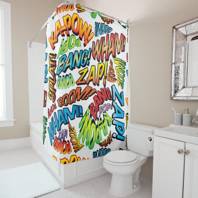 Fun Retro Comic Book Pop Art Sounds Shower Curtain (In Situ)