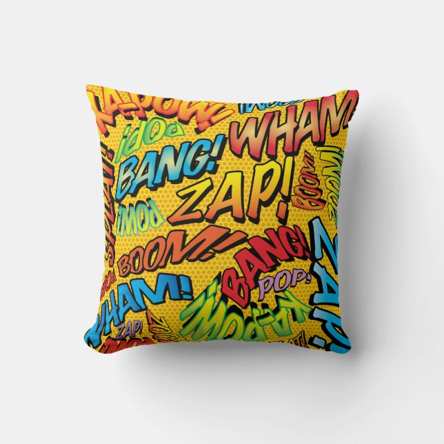Fun Retro Comic Book Pop Art Sounds Throw Pillow (Front)