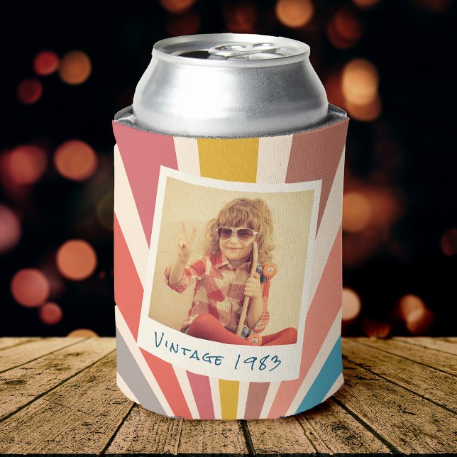 Fun Retro Custom 2 Photo Birthday Vintage  Can Cooler (Creator Uploaded)