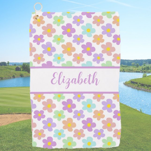 Fun retro daisies custom name bright colorful golf towel (Creator Uploaded)