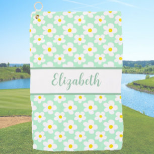 Fun retro daisies green floral custom name ladies golf towel