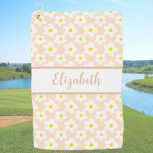 Fun retro daisies peach custom name ladies floral golf towel