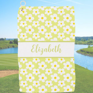 Fun retro daisies yellow floral custom name ladies golf towel