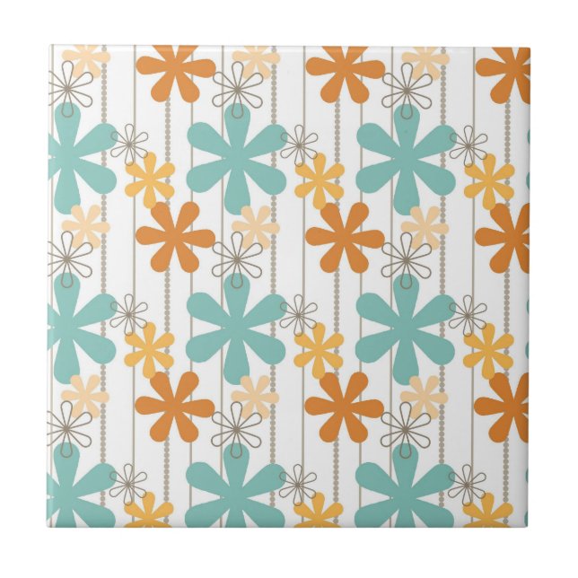 Fun Retro Floral Pattern Orange Blue Wall Flowers Ceramic Tile (Front)