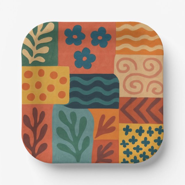 Fun Retro Garden Collage Pattern Motif Paper Plates (Front)