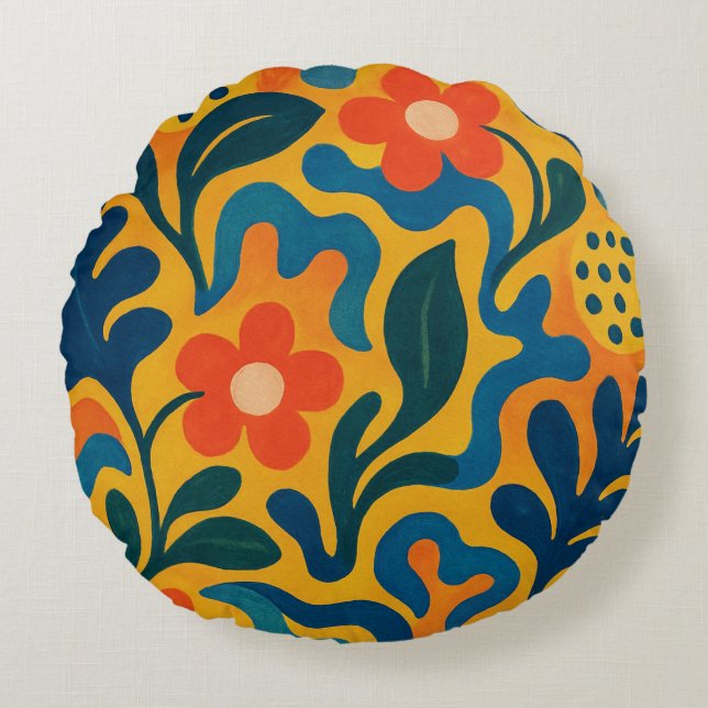 Fun Retro Garden Collage Pattern Motif Round Pillow (Front)