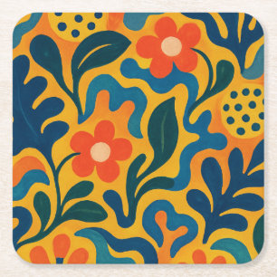 Fun Retro Garden Collage Pattern Motif Square Paper Coaster