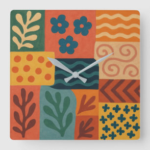 Fun Retro Garden Collage Pattern Motif Square Wall Clock