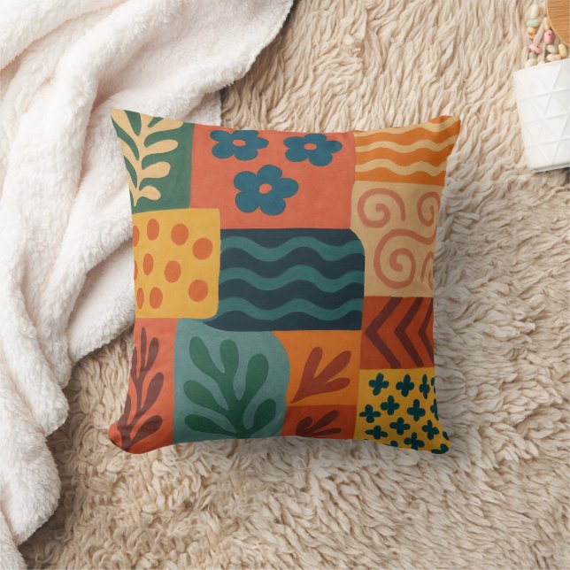 Fun Retro Garden Collage Pattern Motif Throw Pillow (Blanket)