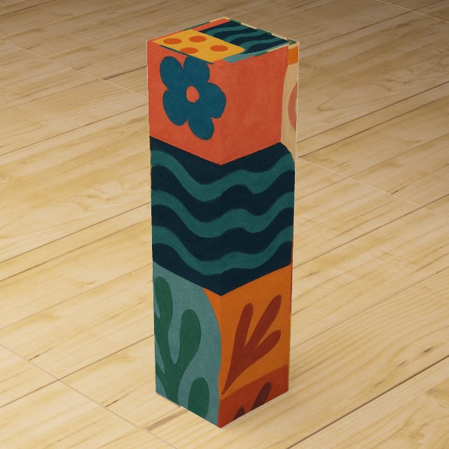 Fun Retro Garden Collage Pattern Motif Wine Box (Front)