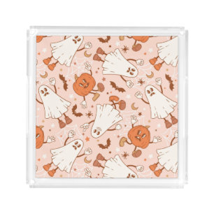 Fun Retro Ghost & Jack-O-Lantern Pattern Acrylic Tray