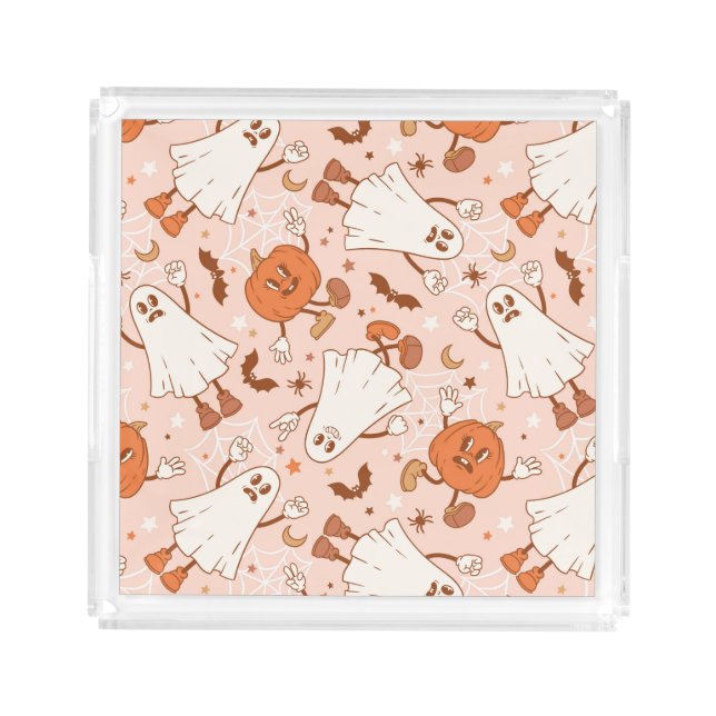 Fun Retro Ghost & Jack-O-Lantern Pattern Acrylic Tray (Front)