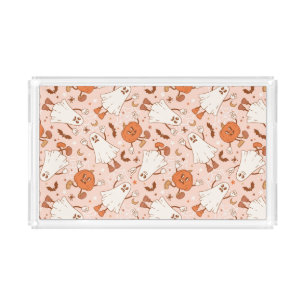 Fun Retro Ghost & Jack-O-Lantern Pattern Acrylic Tray