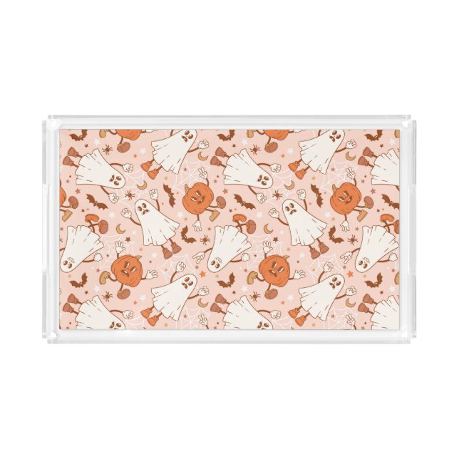 Fun Retro Ghost & Jack-O-Lantern Pattern Acrylic Tray (Front)
