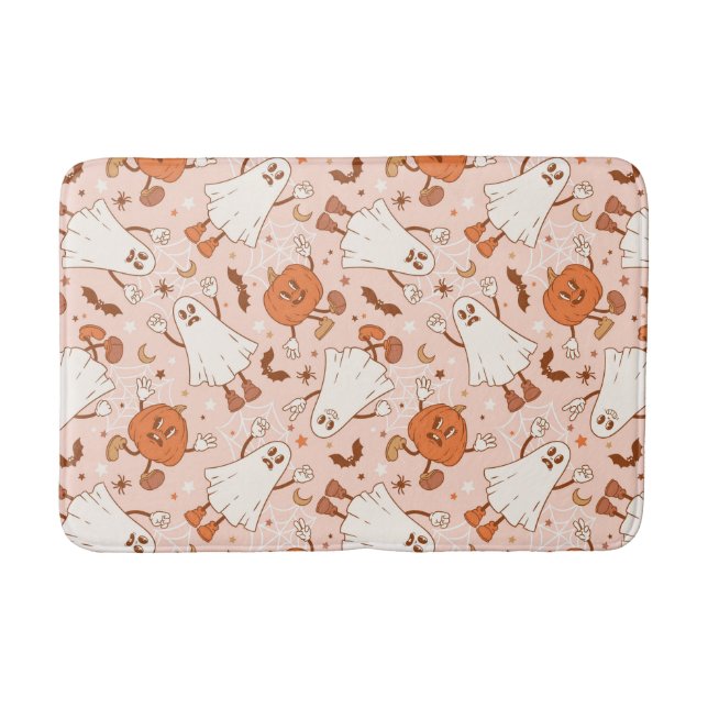 Fun Retro Ghost & Jack-O-Lantern Pattern Bath Mat (Front)
